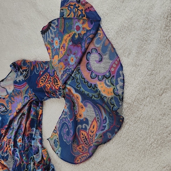 MSK Women Floral dress long bell sleeve detail XL blue orange so pretty! - Picture 9 of 10